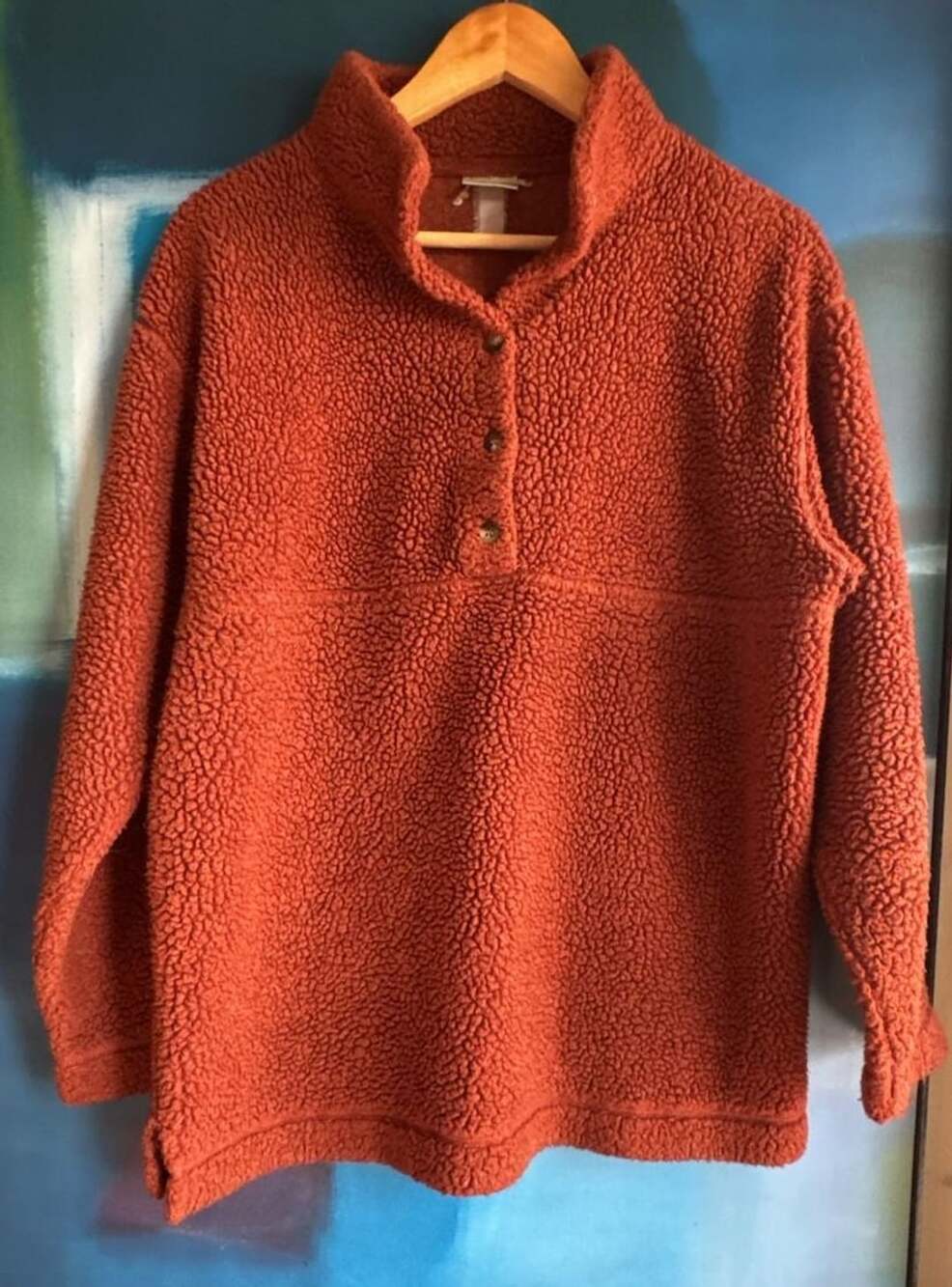 L.L. Bean Fleece Pullover Sherpa Mock Neck Burnt Orange Rust Button Up